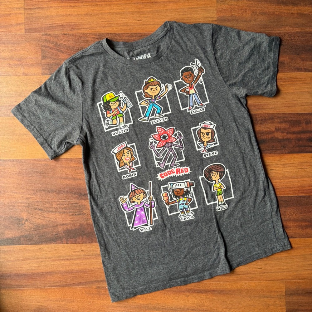 Stranger Things Code Red Character Grid Graphic T-Shirt Heather Charcoal XL